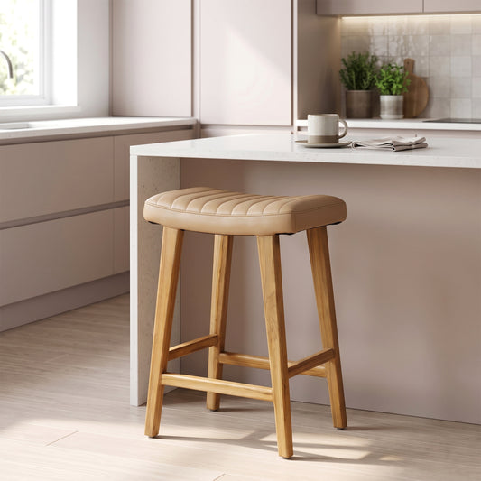 Bonita Beige Backless Leather Seat Counter Stool with Light Teakwood Frame