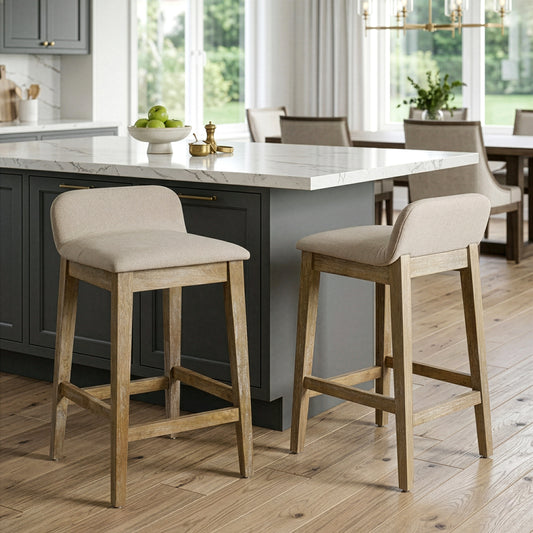Set of 2 Atia White Washed Wood Counter Stool with Low Back Fabric Seat