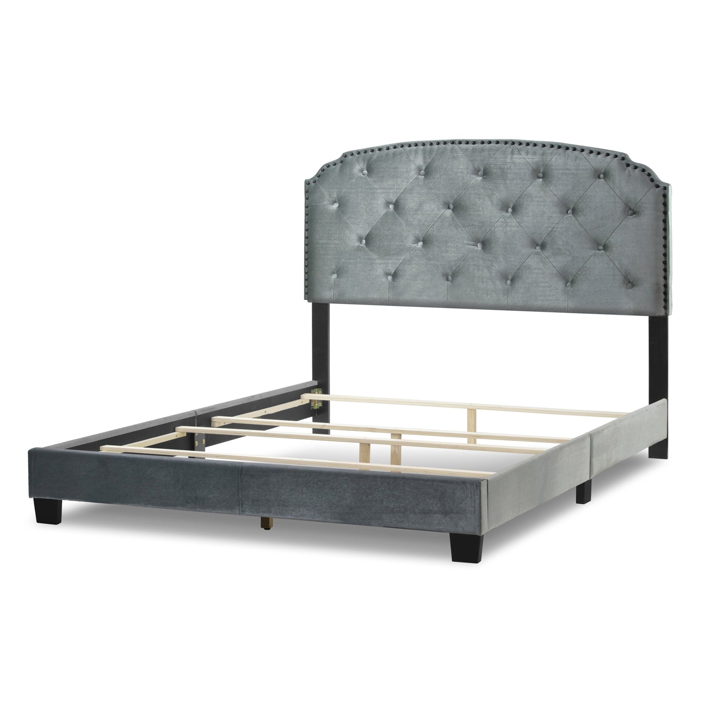 Arin Silver Gray Velvet Queen Bed with Button Tufting and Black Nail Head Trim