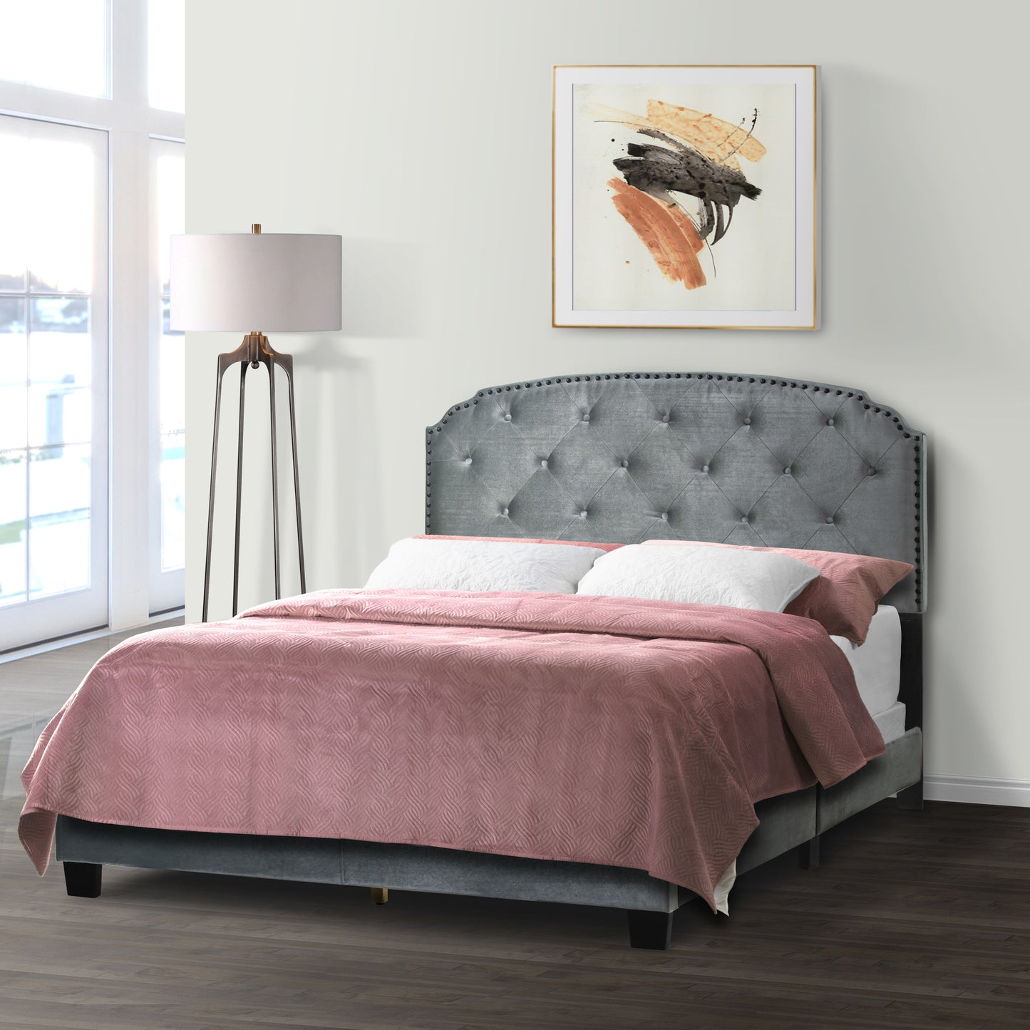 Arin Silver Gray Velvet Queen Bed with Button Tufting and Black Nail Head Trim