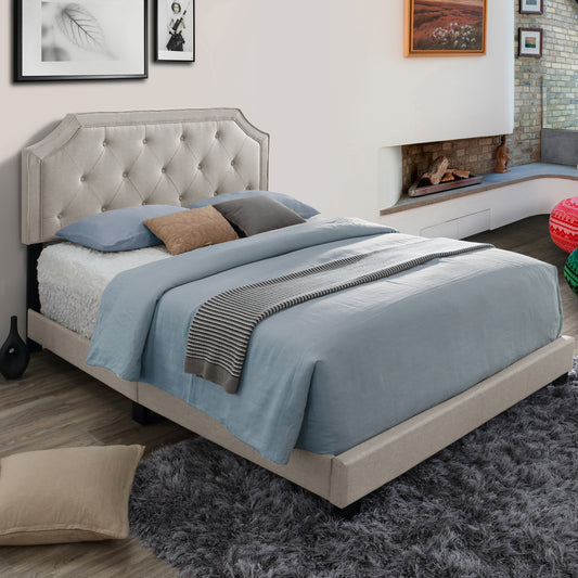 Aria Beige Fabric Queen Bed with Piping and Button Tufting