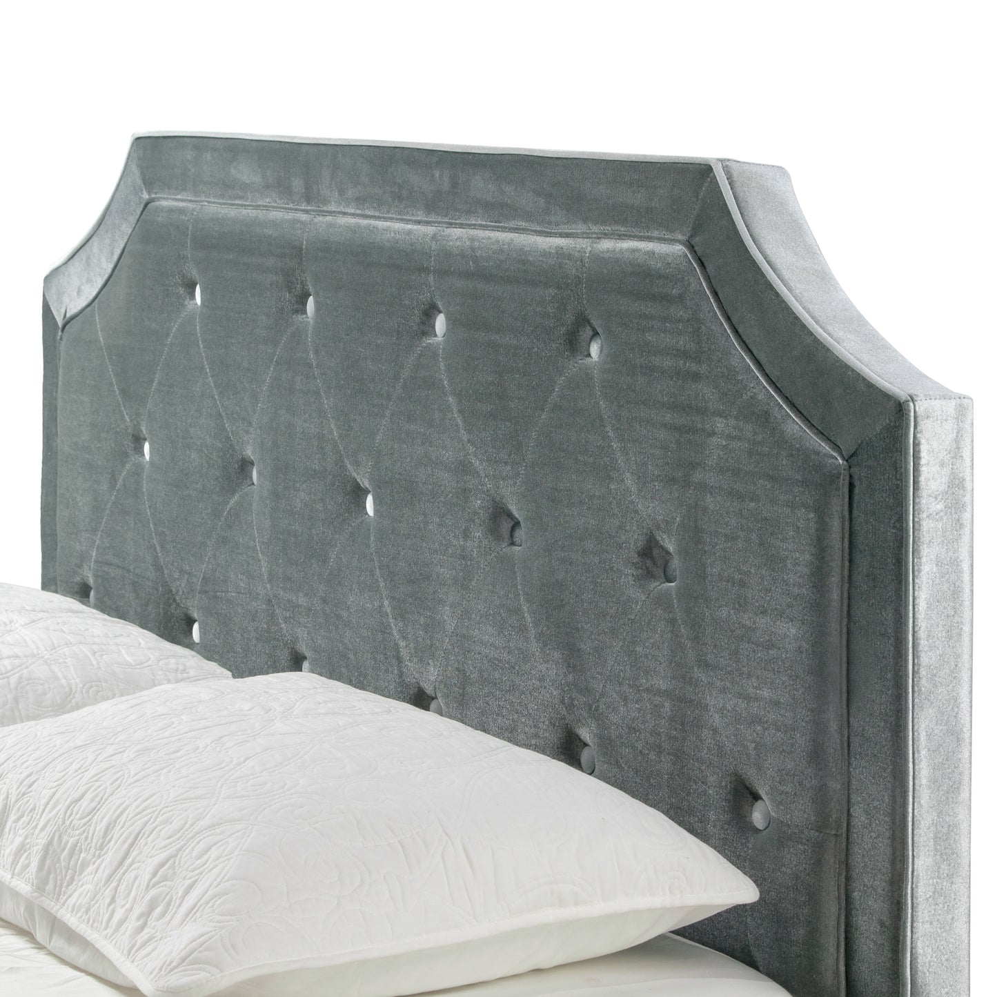 Aria Silver Gray Velvet Queen Bed with Piping and Button Tufting