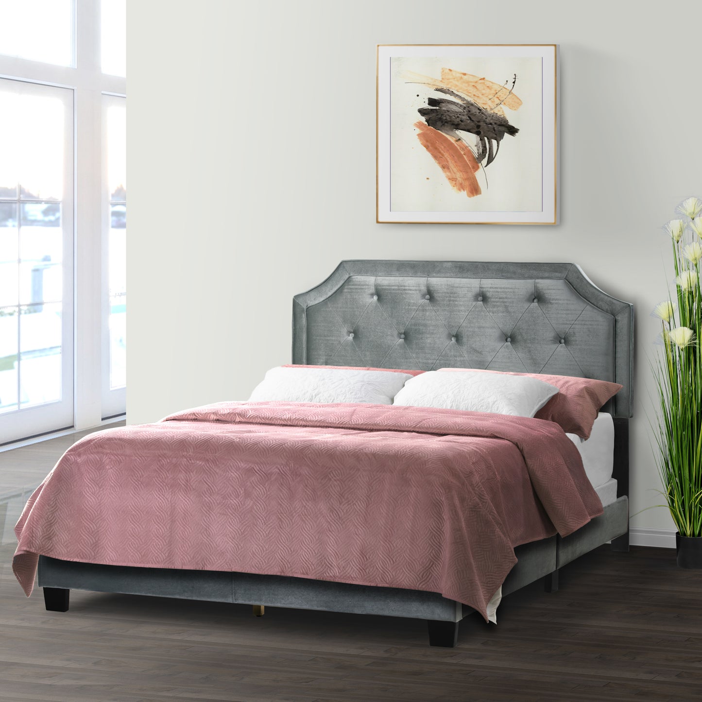 Aria Silver Gray Velvet Queen Bed with Piping and Button Tufting