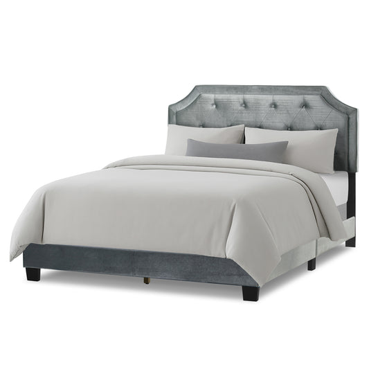 Aria Silver Gray Velvet Queen Bed with Piping and Button Tufting