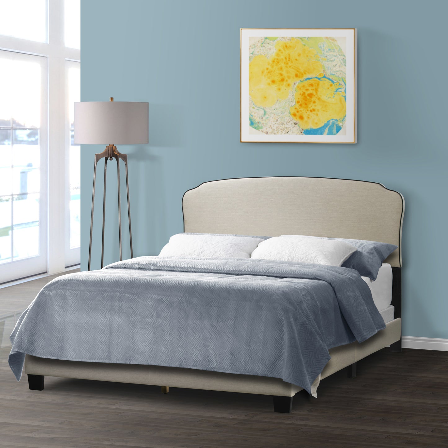 Aric Beige Fabric Queen Bed with Contrasting Piping Accent