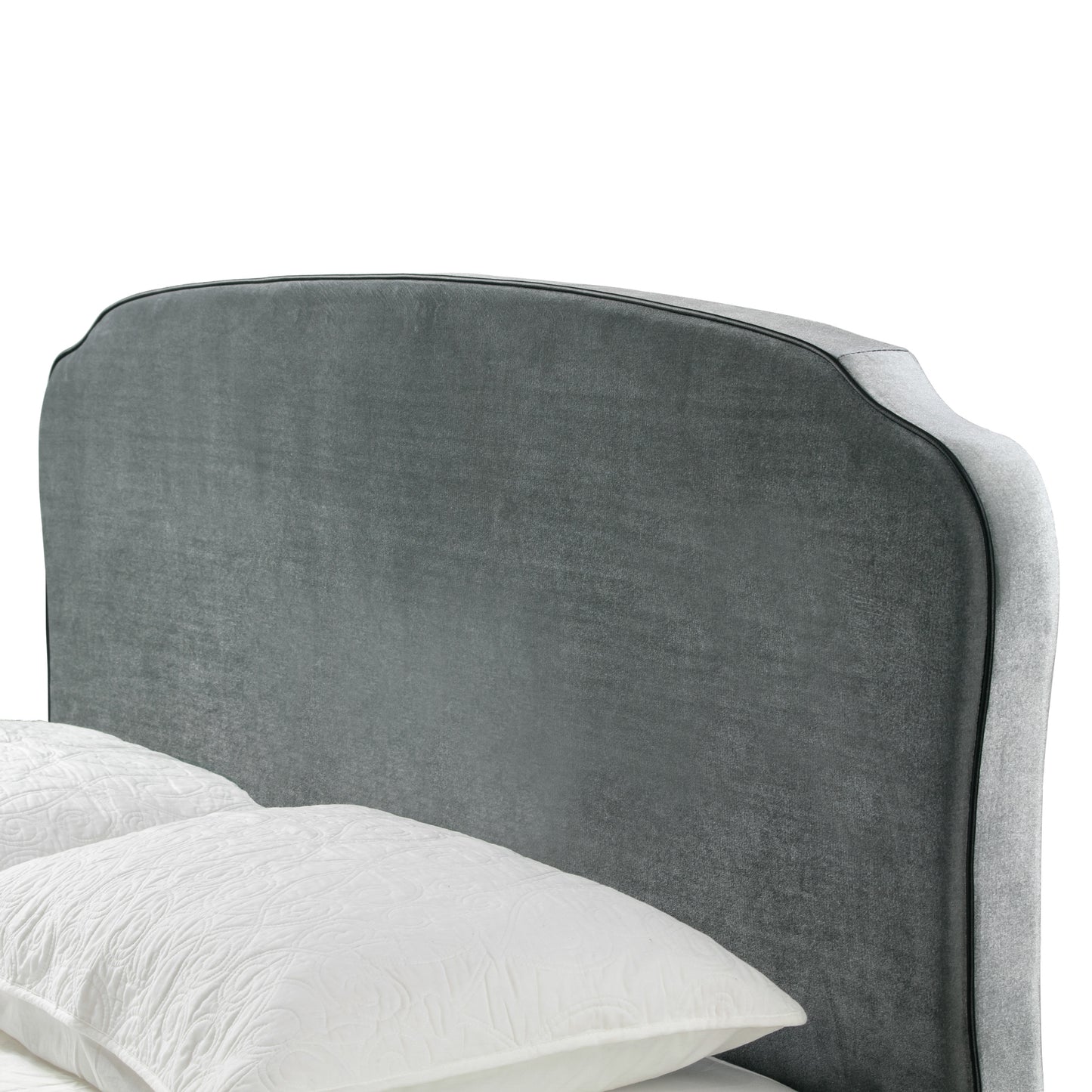 Aric Silver Gray Velvet Queen Bed with Contrasting Piping Accent