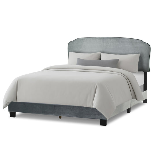 Aric Silver Gray Velvet Queen Bed with Contrasting Piping Accent
