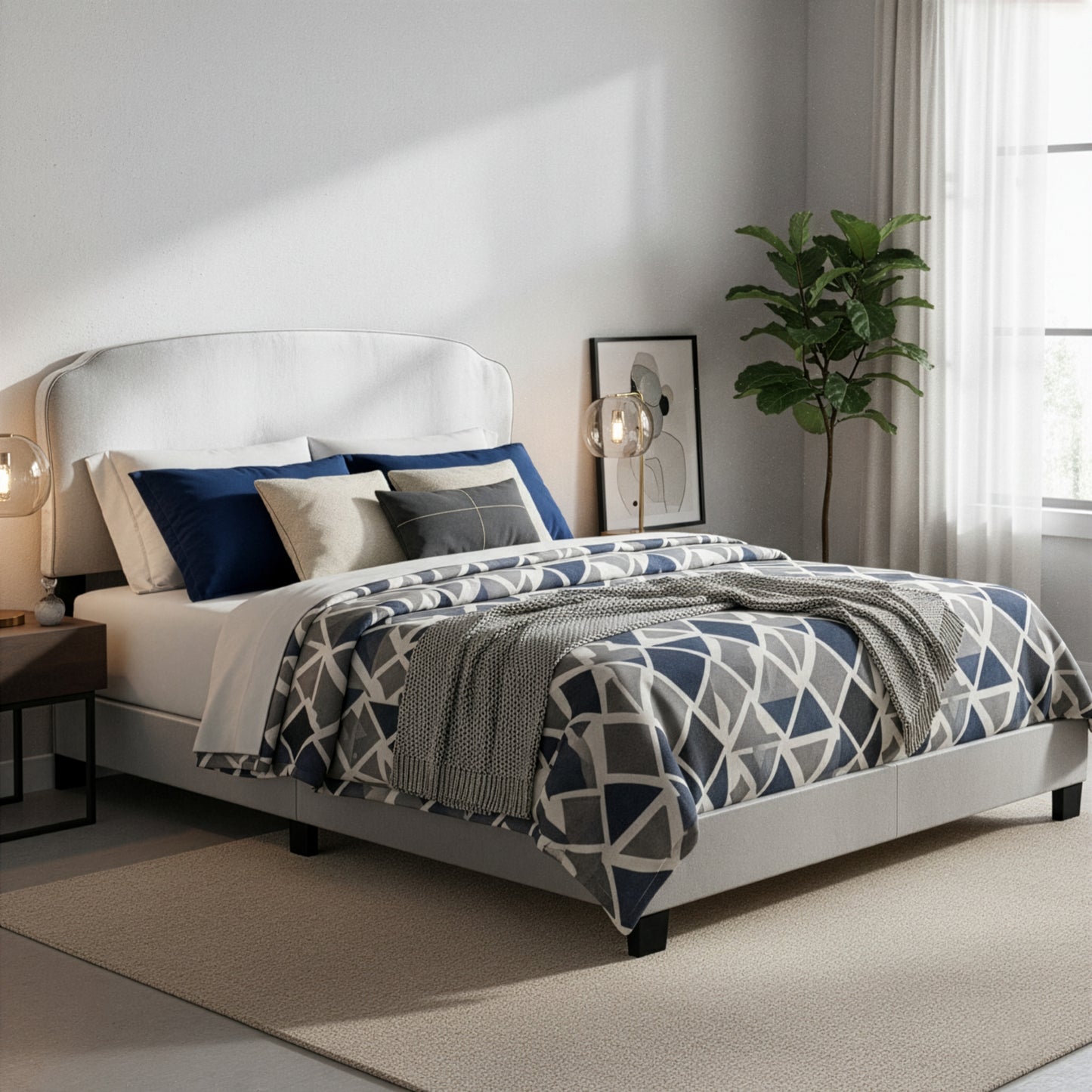 Aric Silver Gray Velvet Queen Bed with Contrasting Piping Accent