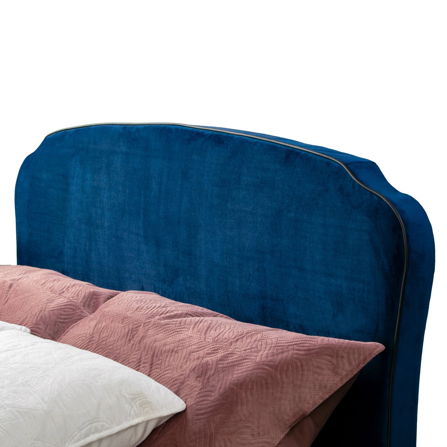 Aric Navy Blue Velvet Queen Bed with Contrasting Piping Accent