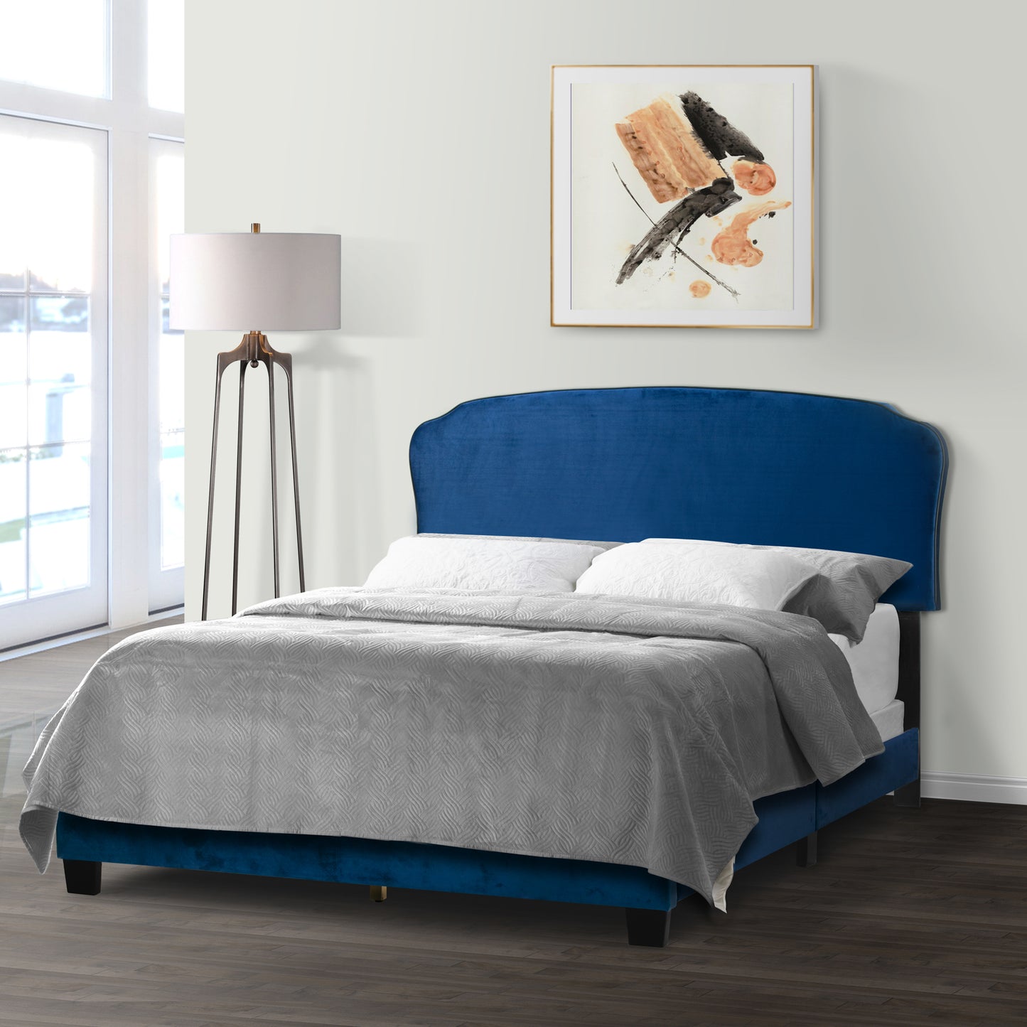 Aric Navy Blue Velvet Queen Bed with Contrasting Piping Accent