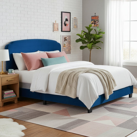 Aric Navy Blue Velvet Queen Bed with Contrasting Piping Accent