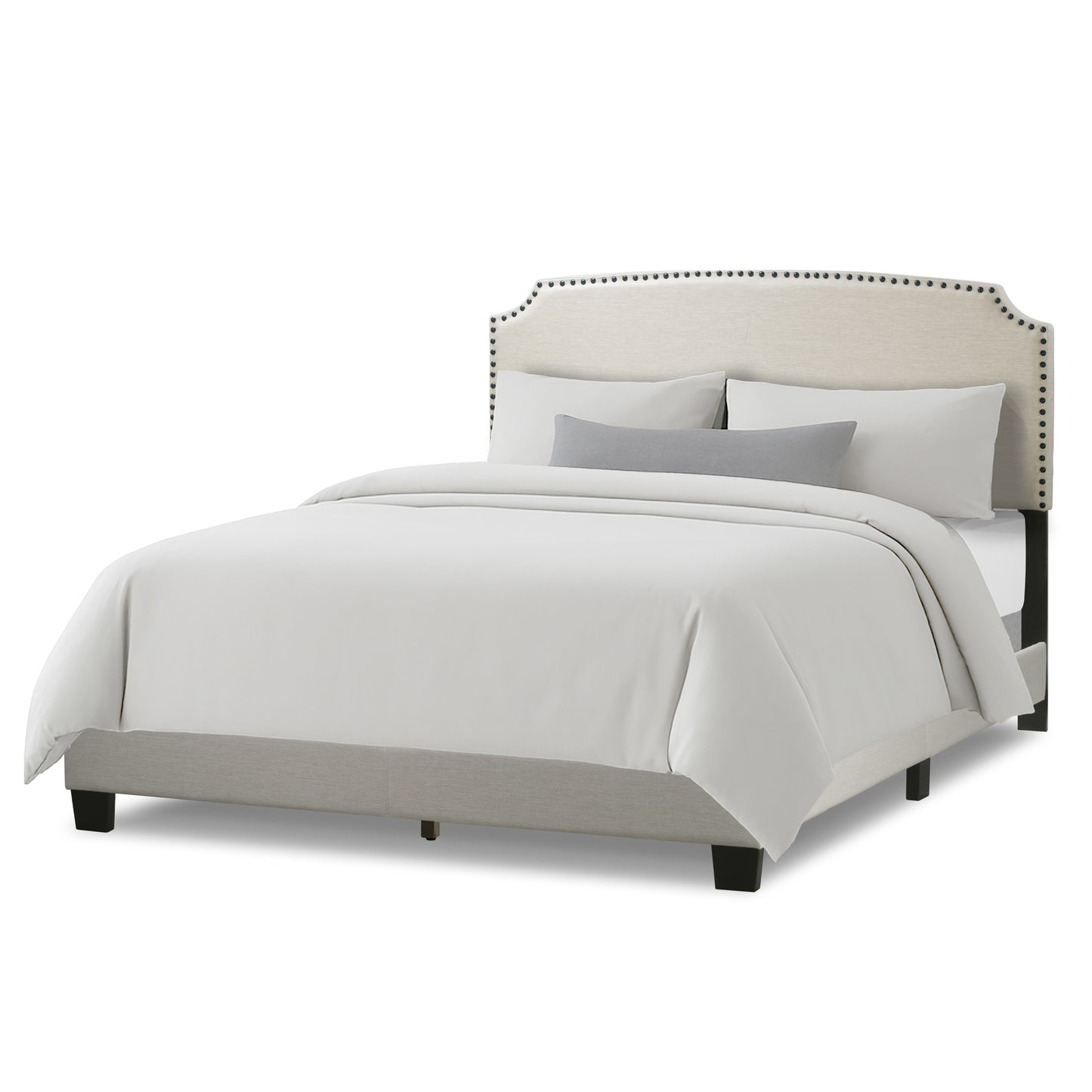 Arezo Beige Fabric Queen Bed with Black Nail Head Trim