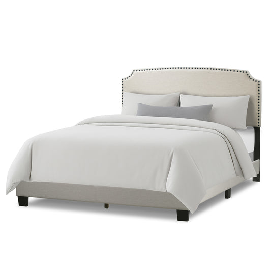 Arezo Beige Fabric Queen Bed with Black Nail Head Trim