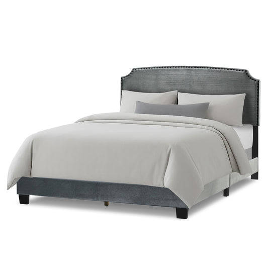 Arezo Silver Gray Velvet Queen Bed with Black Nail Head Trim