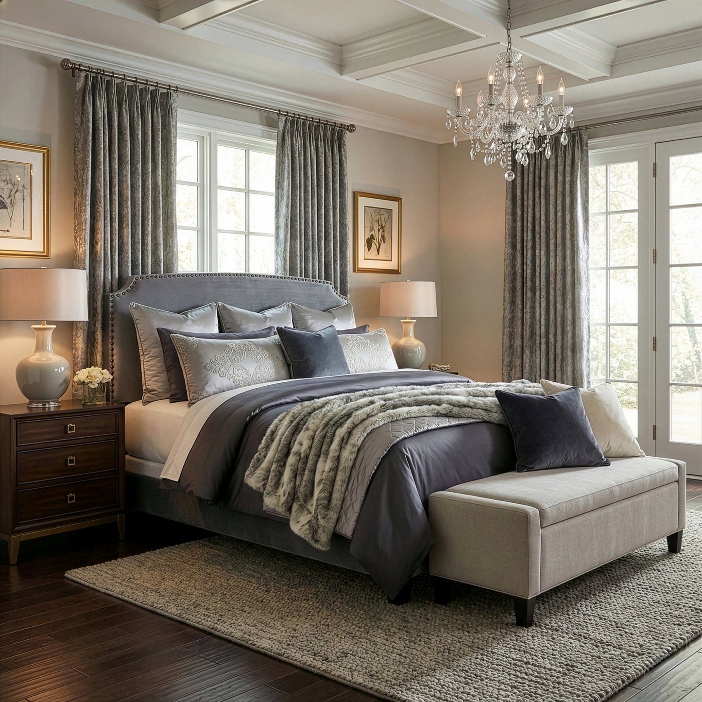 Arezo Silver Gray Velvet Queen Bed with Black Nail Head Trim