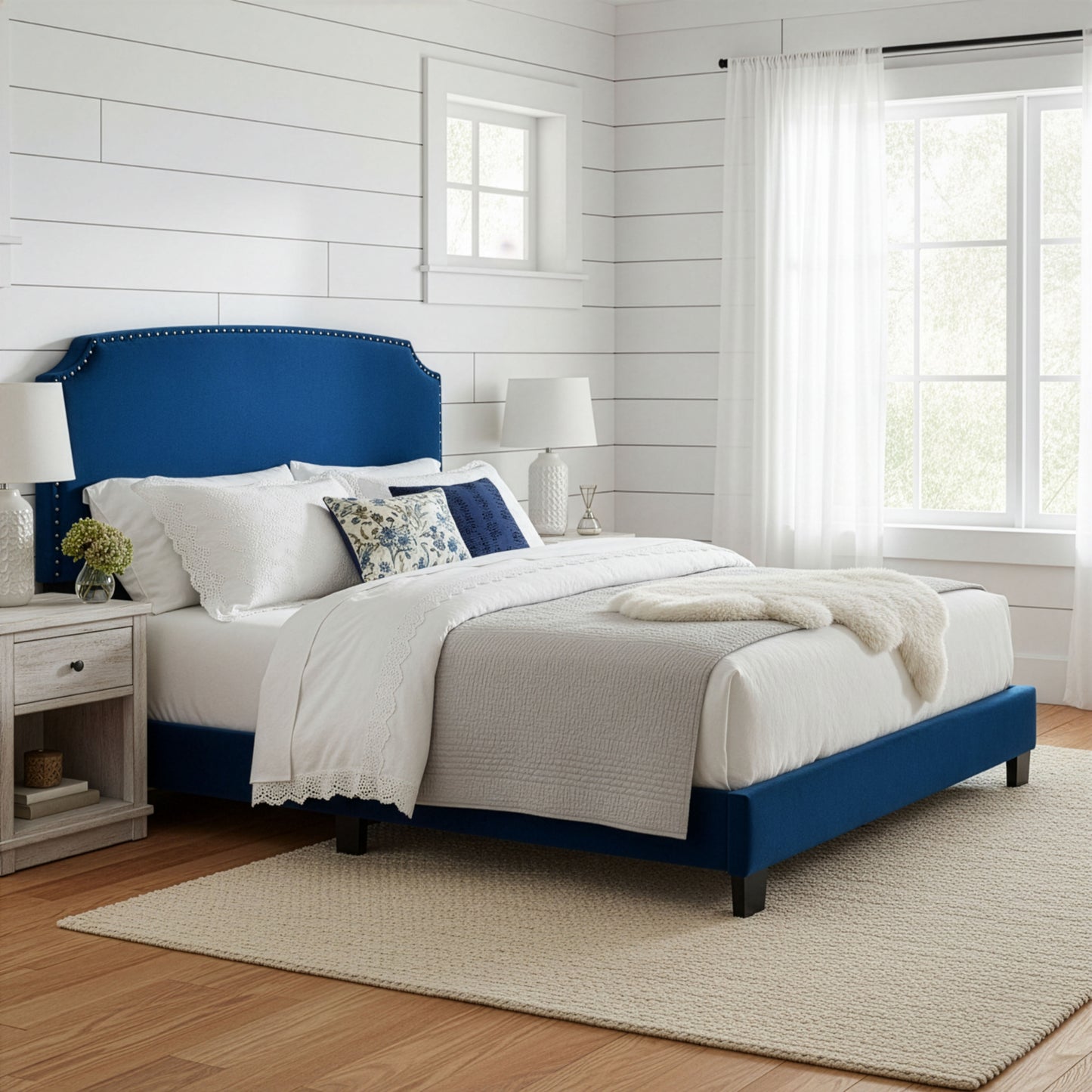Arezo Navy Blue Velvet Queen Bed with Black Nail Head Trim