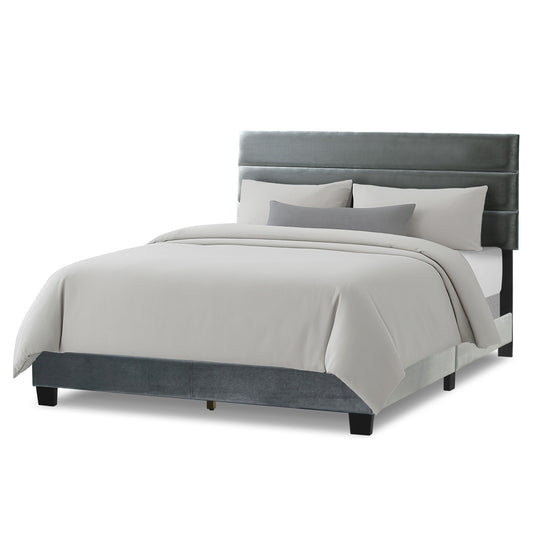 Aris Silver Gray Velvet Queen Bed with Line Stitching Tufting