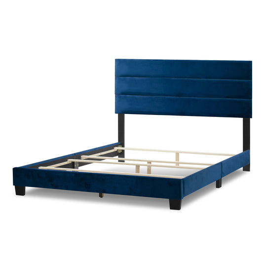 Aris Navy Blue Velvet Queen Bed with Line Stitching Tufting