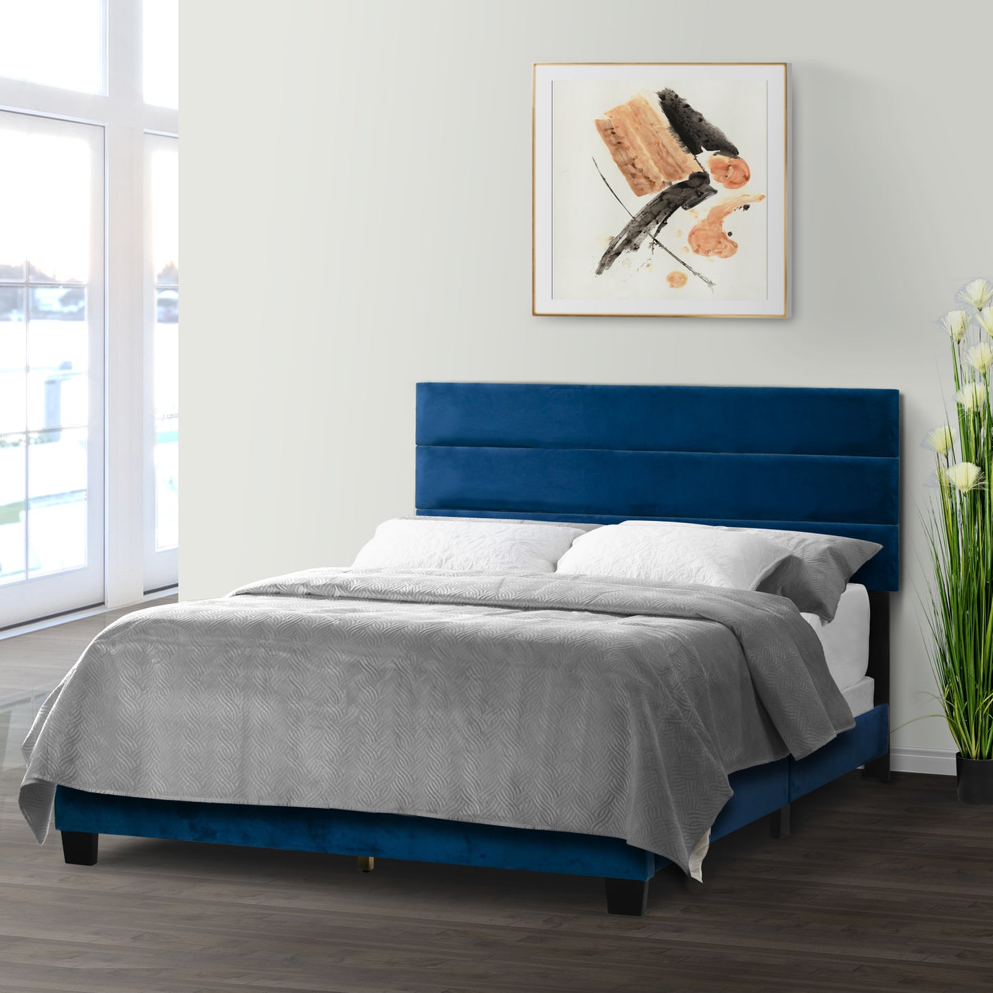 Aris Navy Blue Velvet Queen Bed with Line Stitching Tufting