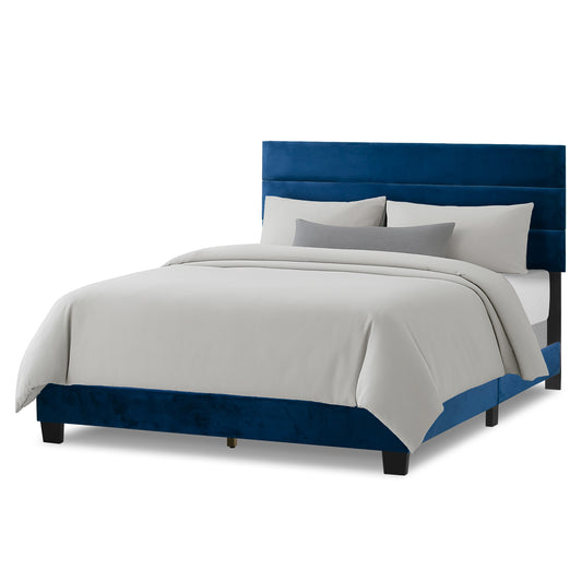 Aris Navy Blue Velvet Queen Bed with Line Stitching Tufting