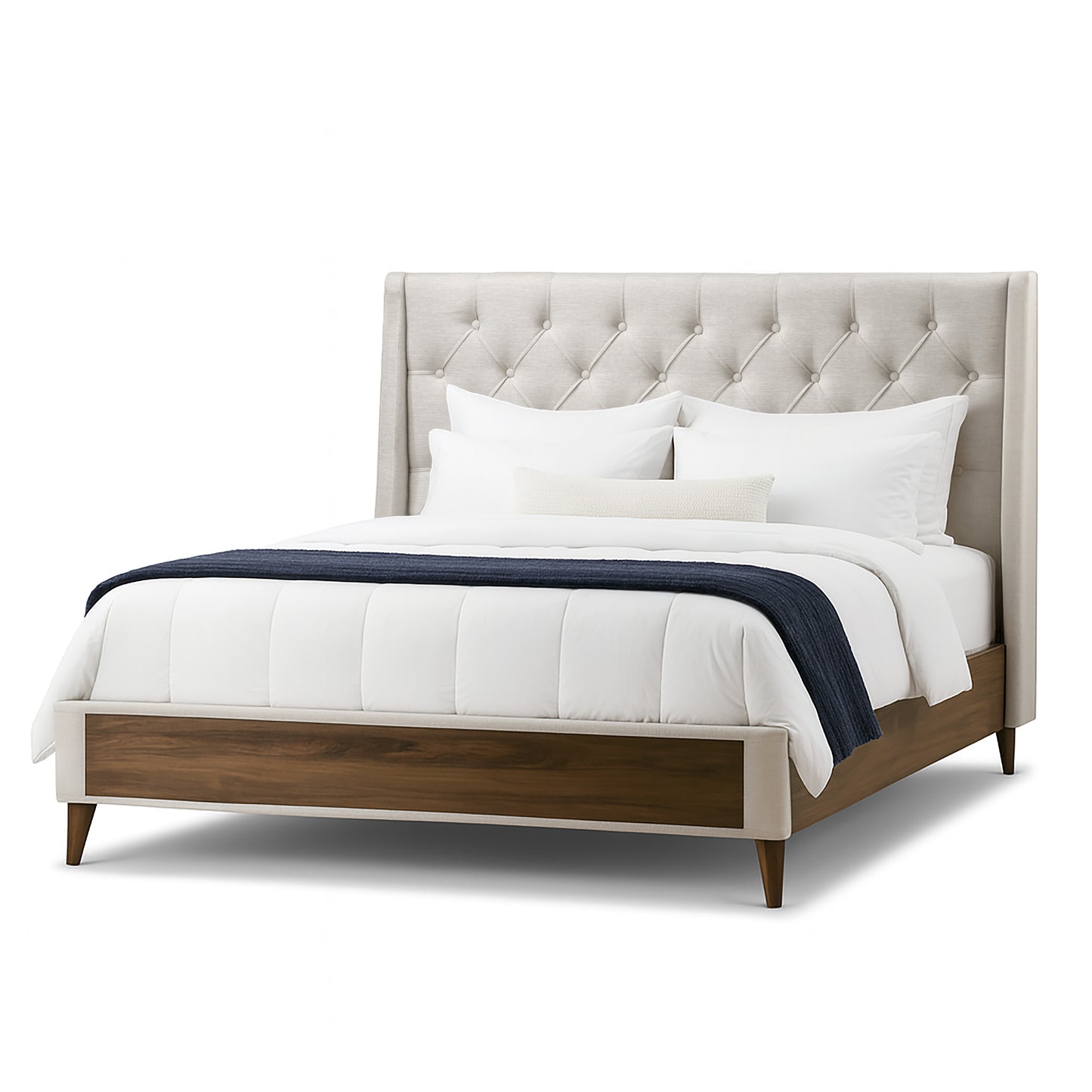 Arlo Beige Fabric Queen Bed with Wings and Button Tufting