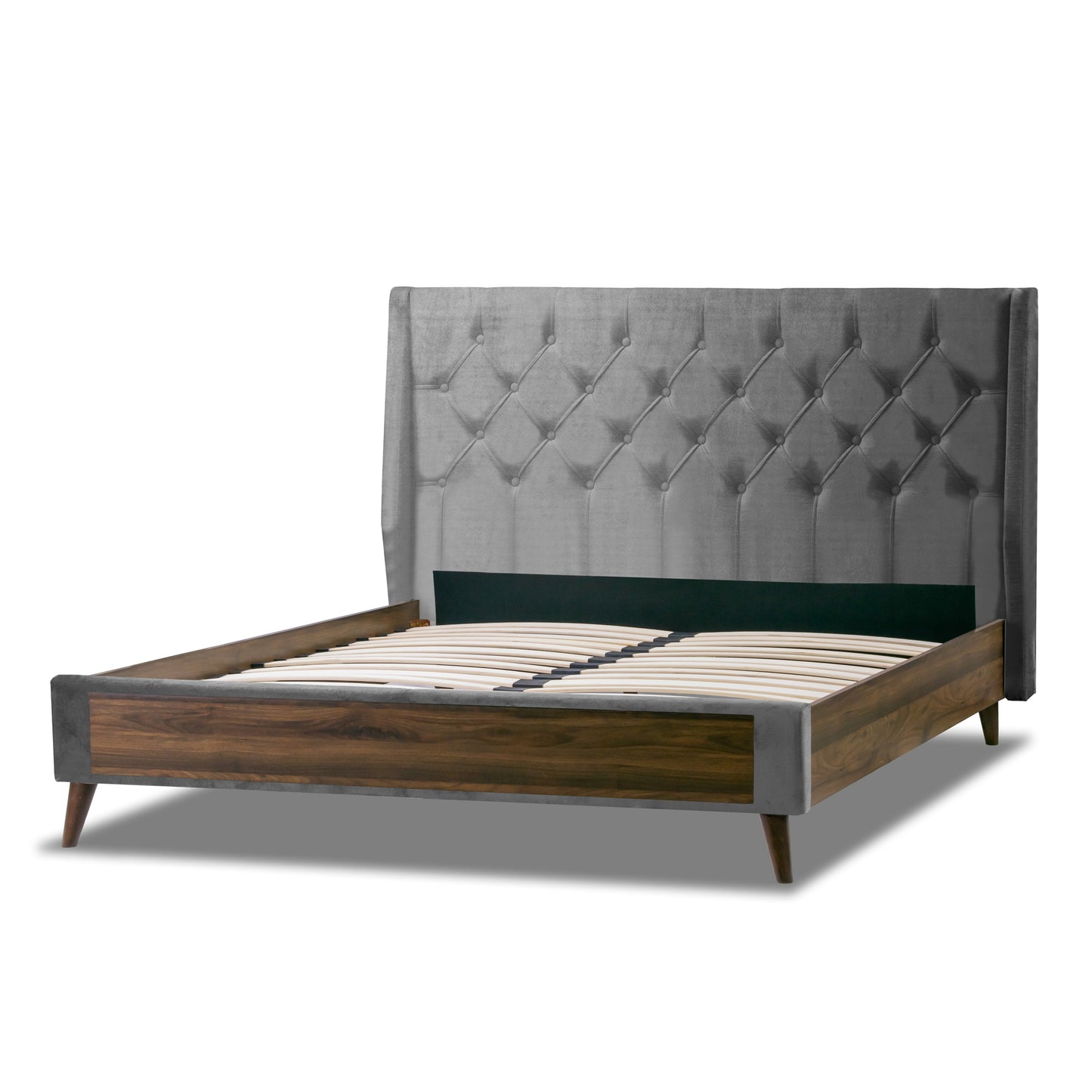Arlo Silver Gray Velvet Queen Bed with Wings and Button Tufting