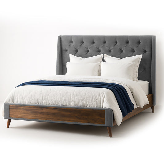 Arlo Silver Gray Velvet Queen Bed with Wings and Button Tufting
