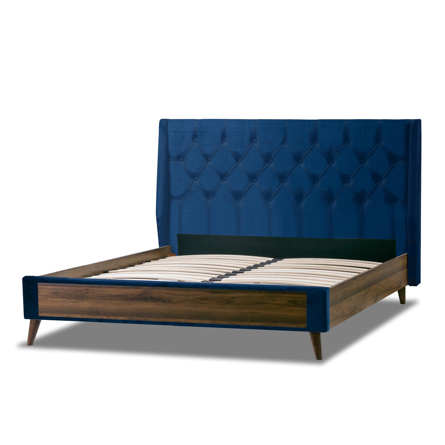Arlo Navy Blue Velvet Queen Bed with Wings and Button Tufting