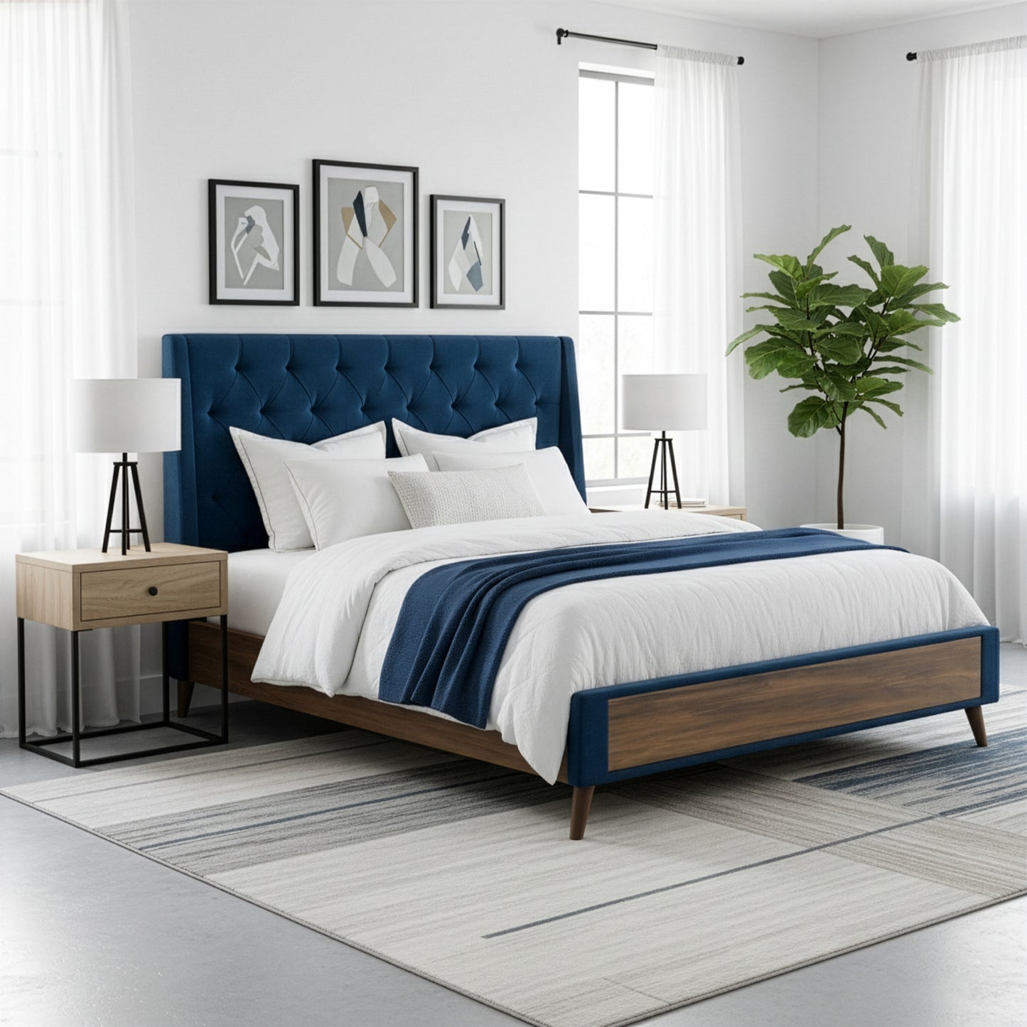 Arlo Navy Blue Velvet Queen Bed with Wings and Button Tufting