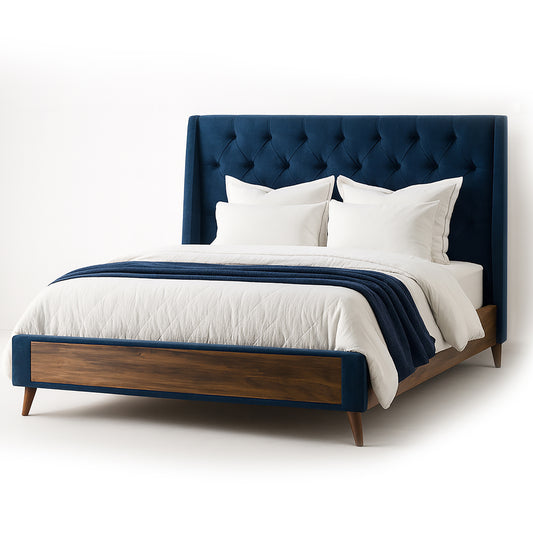 Arlo Navy Blue Velvet Queen Bed with Wings and Button Tufting