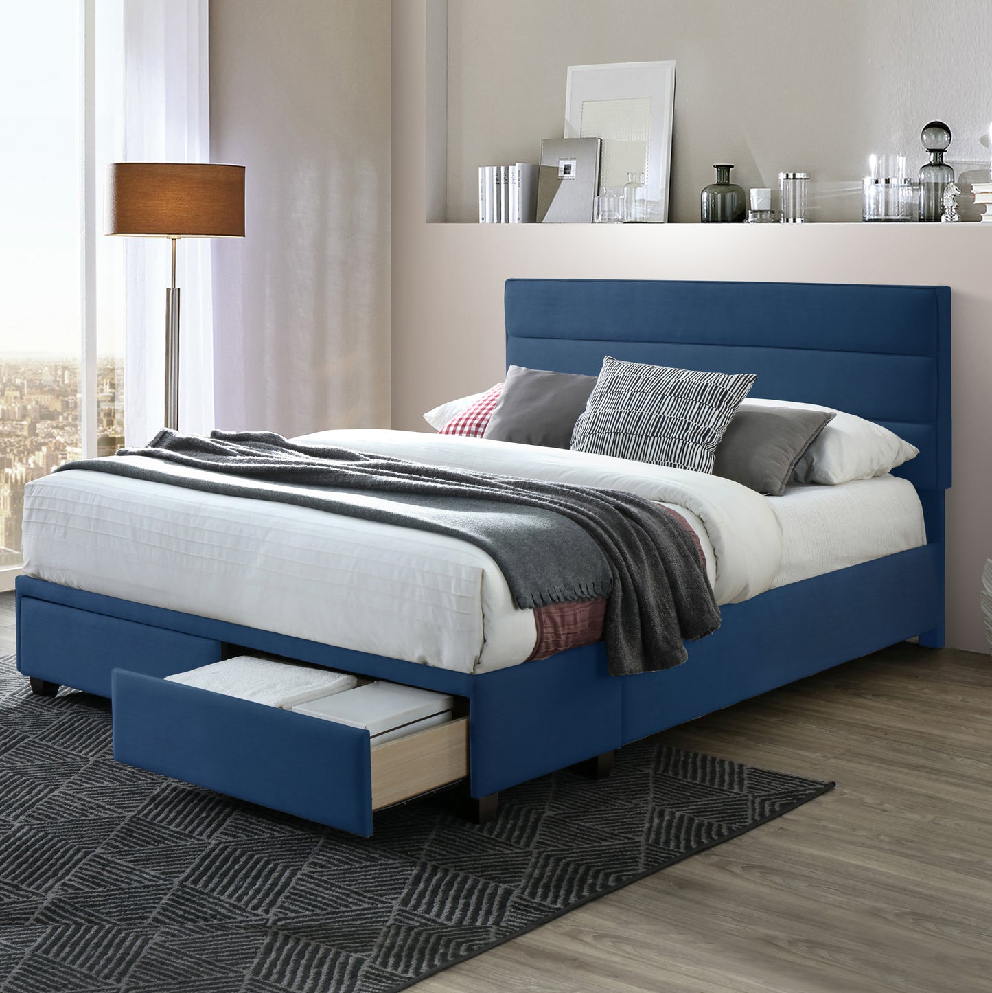 Arnia Navy Blue Queen Bed Captain’s Bed with Two Storage Drawers