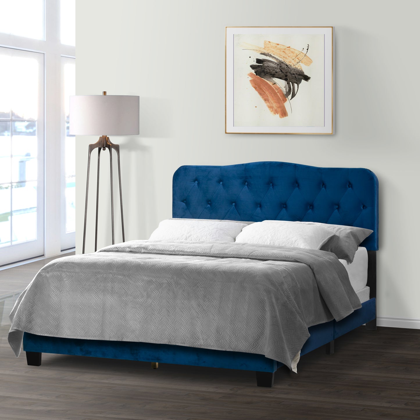 Artan Navy Blue Velvet Queen Bed with Button Tufting
