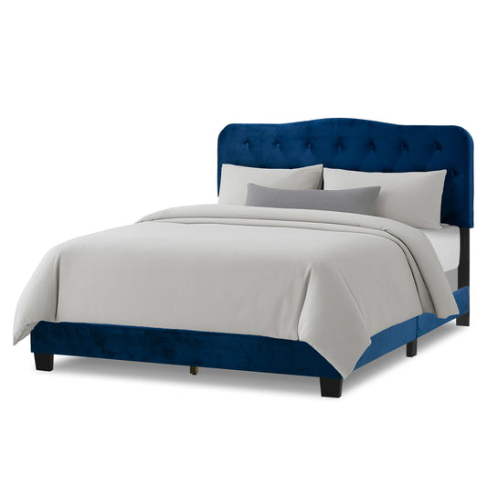 Artan Navy Blue Velvet Queen Bed with Button Tufting