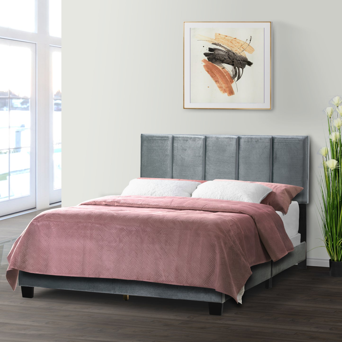 Arty Silver Gray Velvet Queen Bed with Line Stitch Tufting