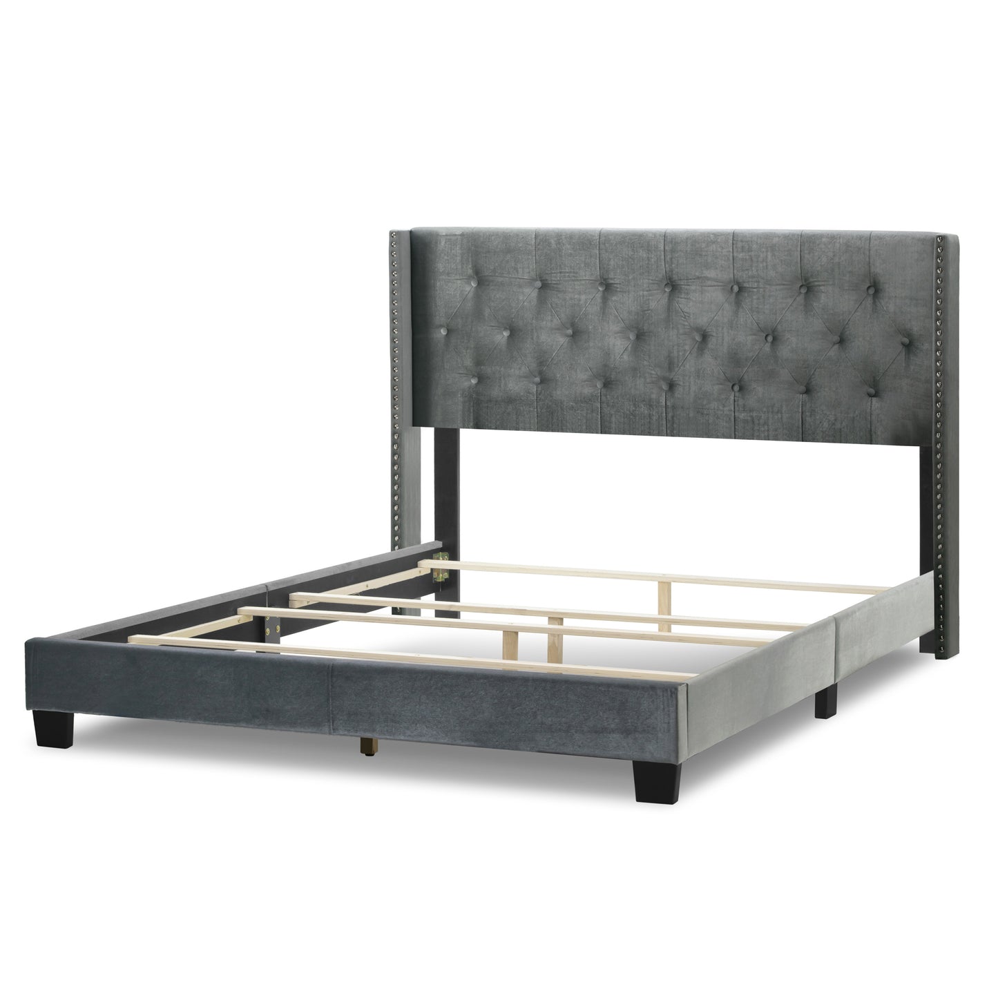 Asali Silver Gray Velvet Queen Bed with Button Tufting and Nail Headed Wings