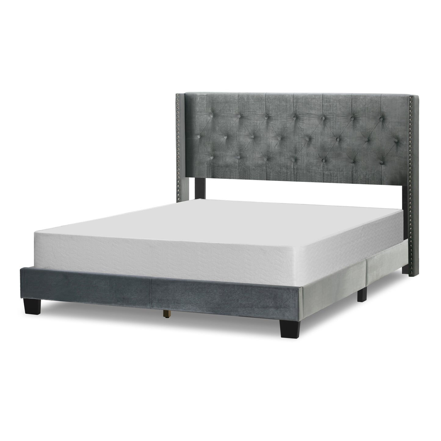 Asali Silver Gray Velvet Queen Bed with Button Tufting and Nail Headed Wings