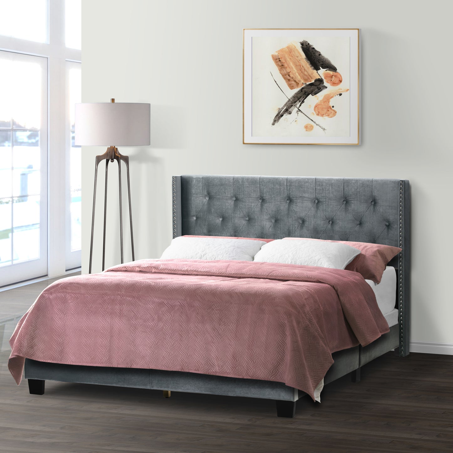 Asali Silver Gray Velvet Queen Bed with Button Tufting and Nail Headed Wings