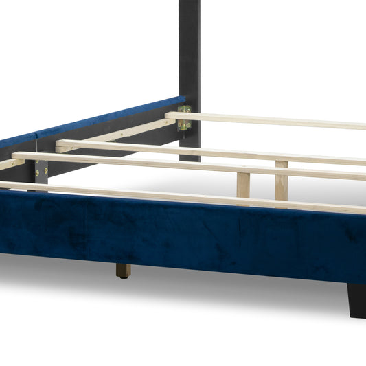 Asali Navy Blue Velvet Twin Bed with Button Tufting and Nail Headed Wings