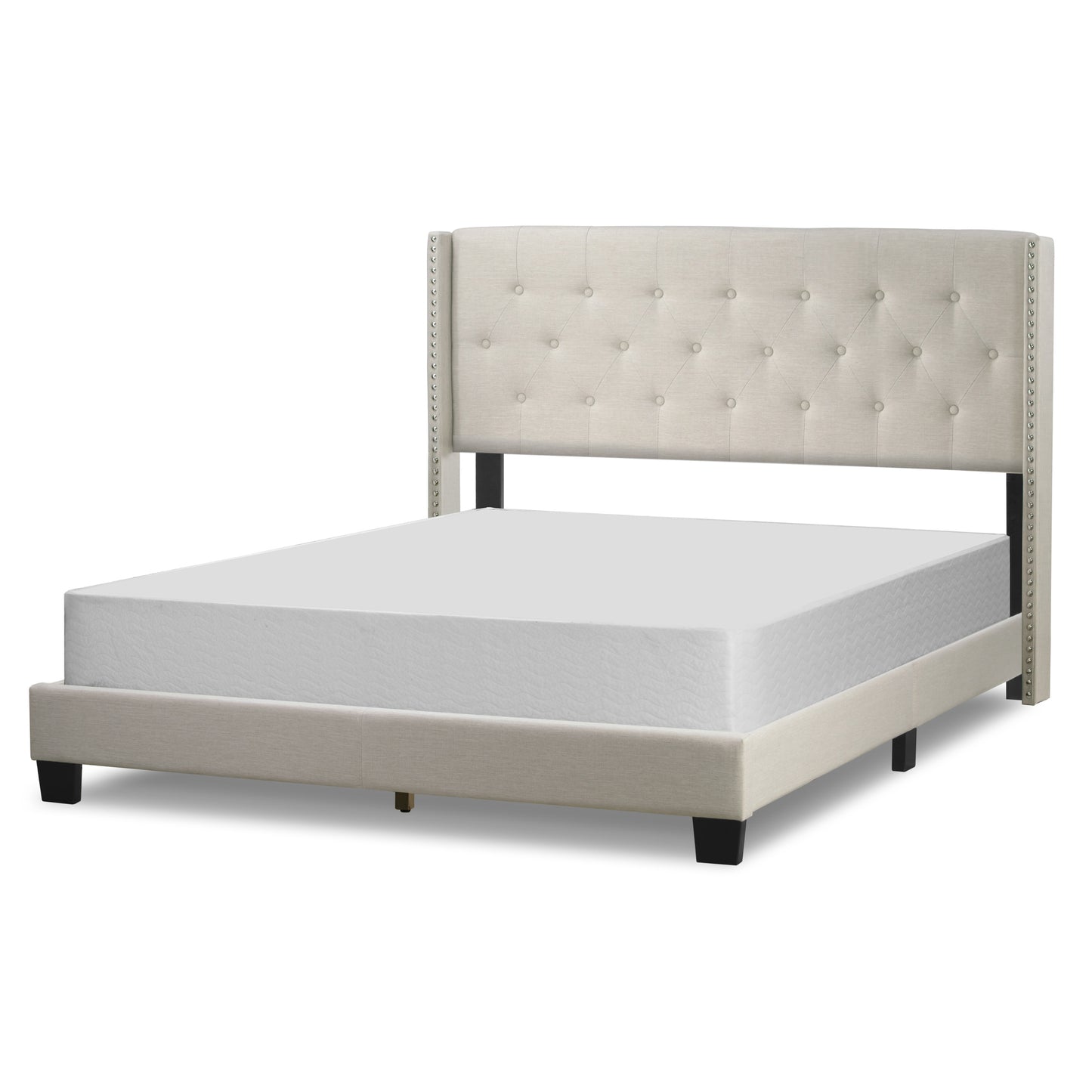 Asali Beige Fabric King Bed with Button Tufting and Nail Headed Wings