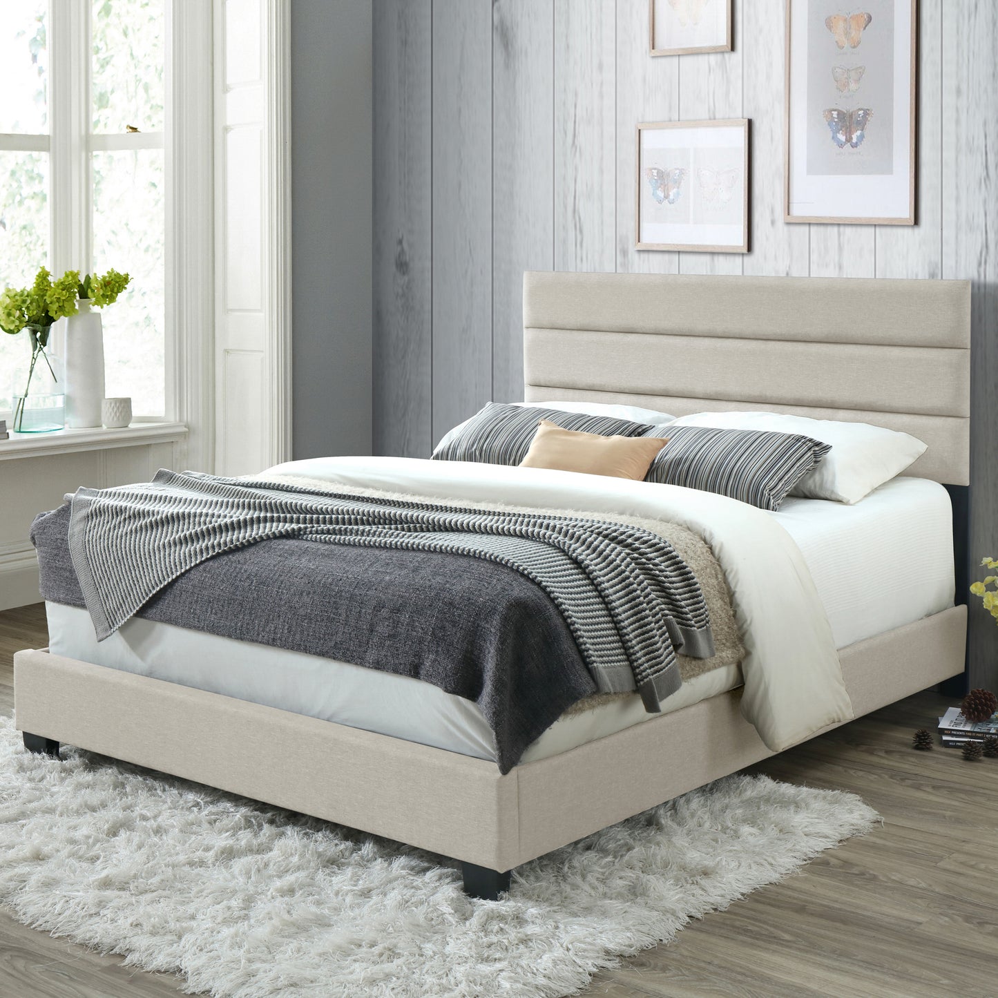 Aris Beige Fabric King Bed with Line Stitching Tufting