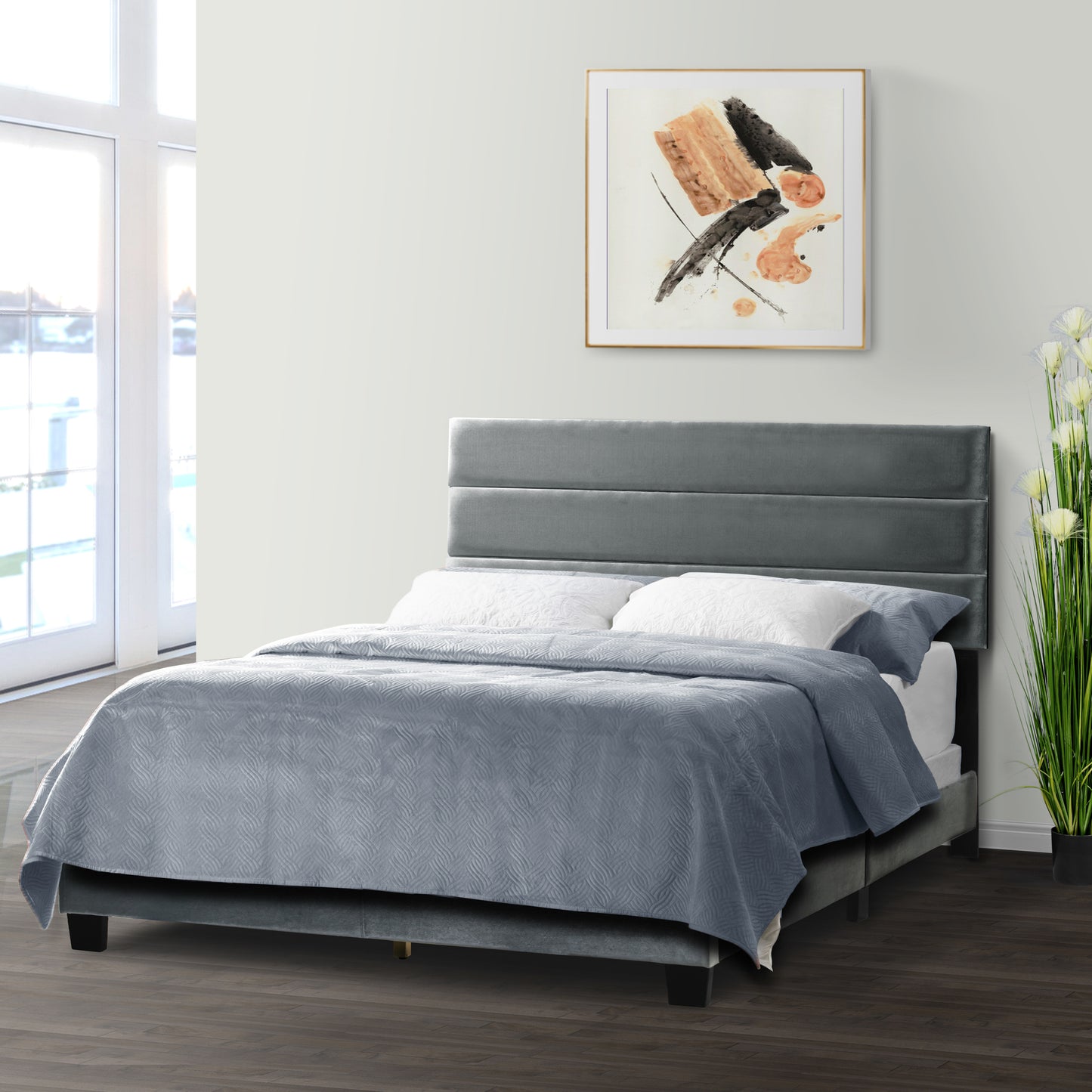Aris Silver Gray Velvet King Bed with Line Stitching Tufting