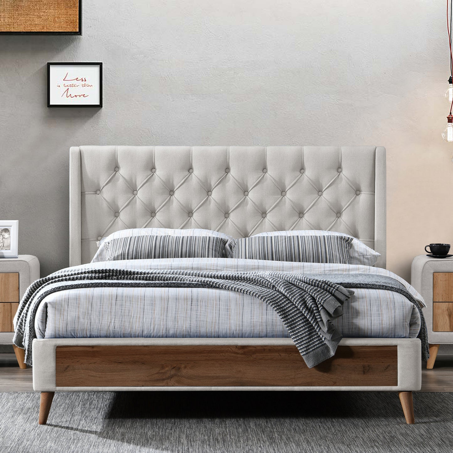 Arlo Beige Fabric Twin Bed with Wings and Button Tufting