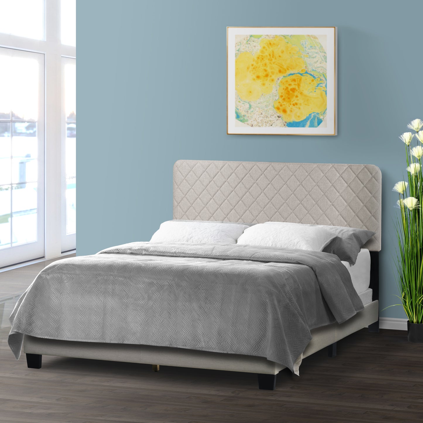 Aurum Beige Fabric Queen Bed with Decorative Stitching