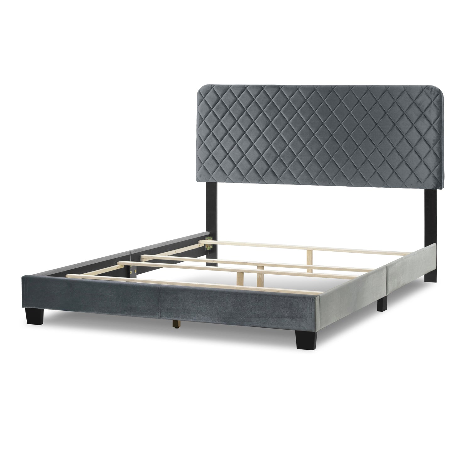 Aurum Silver Gray Velvety Fabric Queen Bed with Decorative Stitching