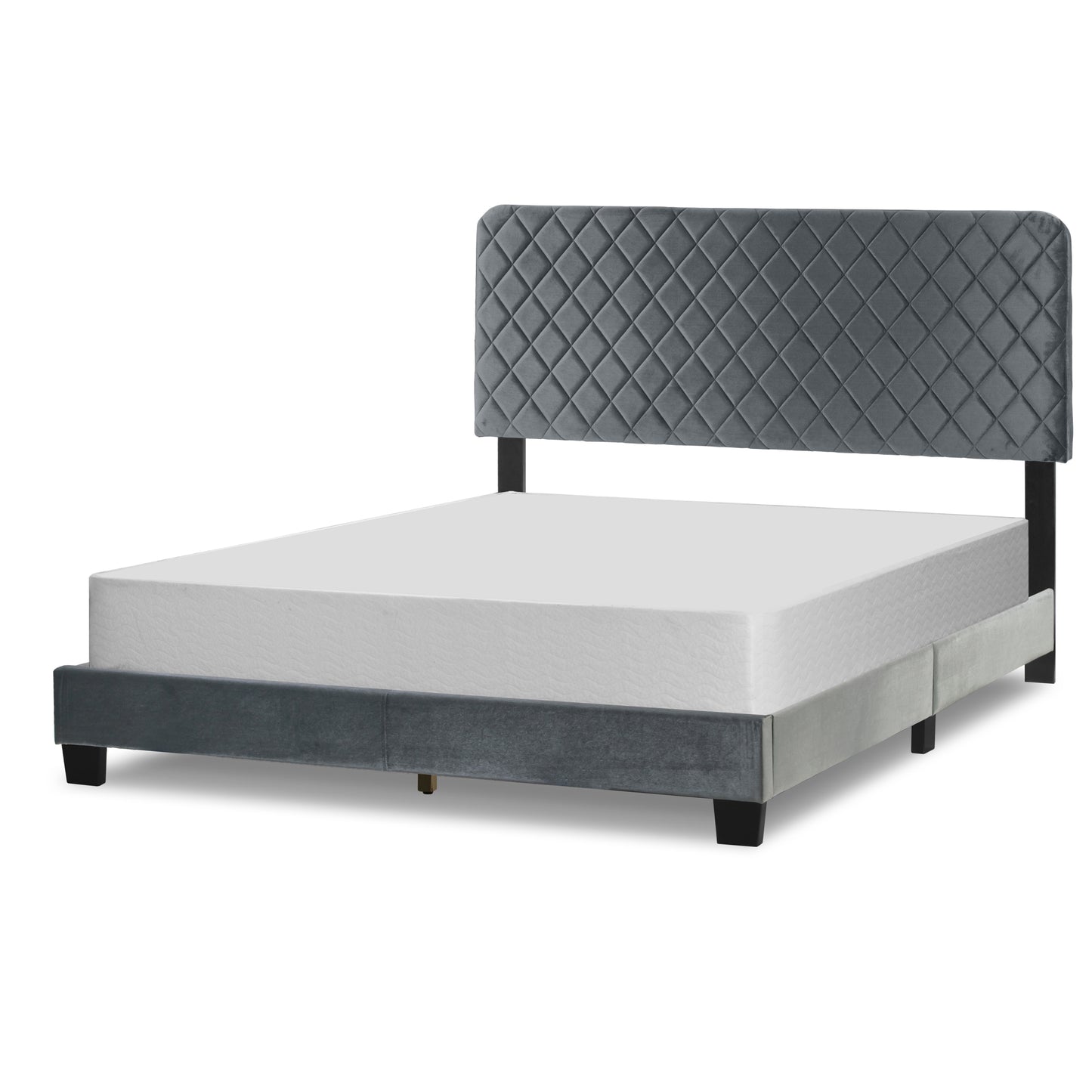 Aurum Silver Gray Velvety Fabric Queen Bed with Decorative Stitching