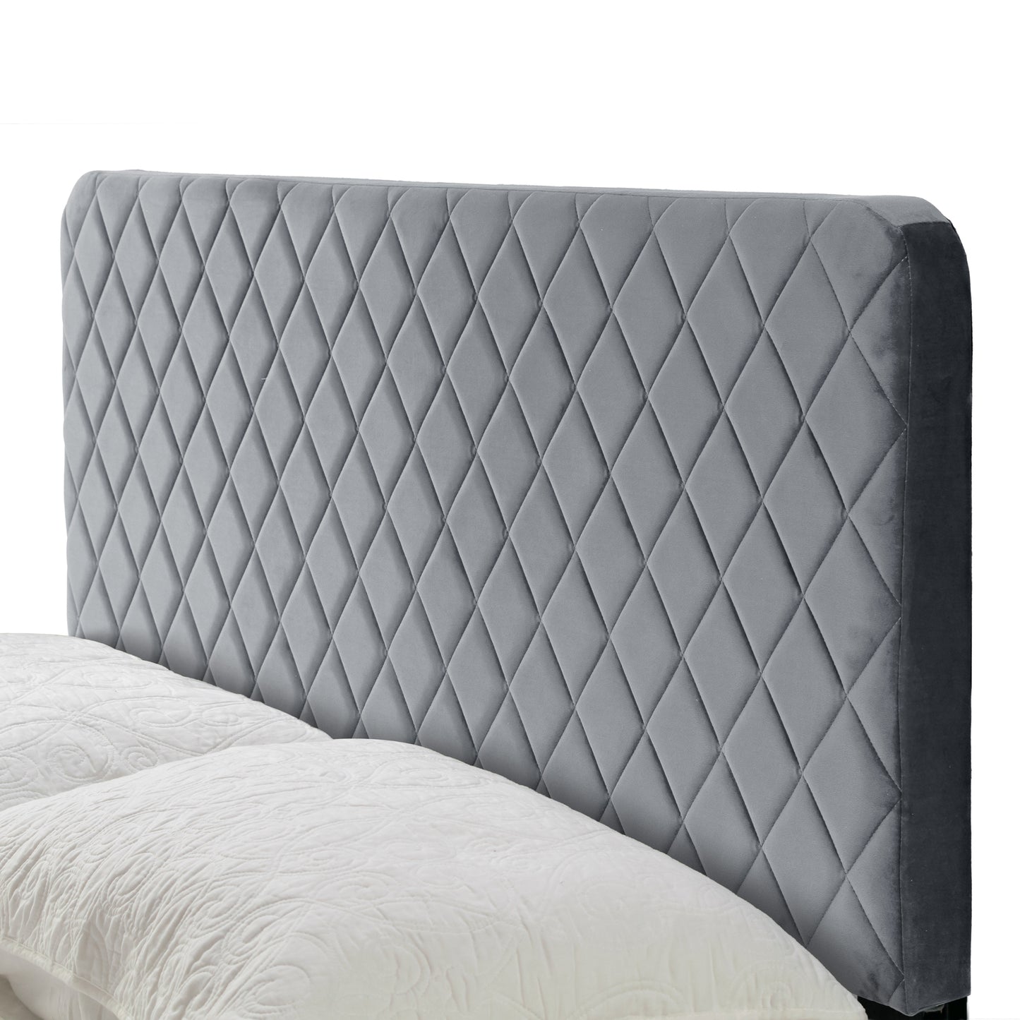 Aurum Silver Gray Velvety Fabric Queen Bed with Decorative Stitching