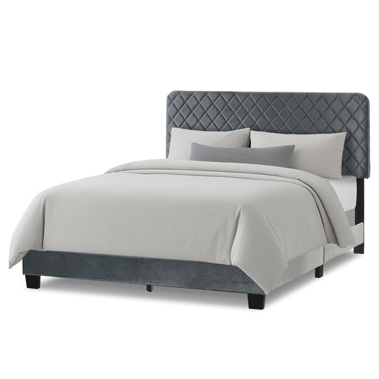 Aurum Silver Gray Velvety Fabric Queen Bed with Decorative Stitching