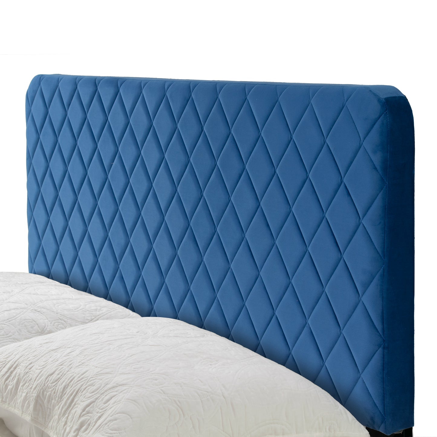 Aurum Navy Blue Velvety Fabric Queen Bed with Decorative Stitching