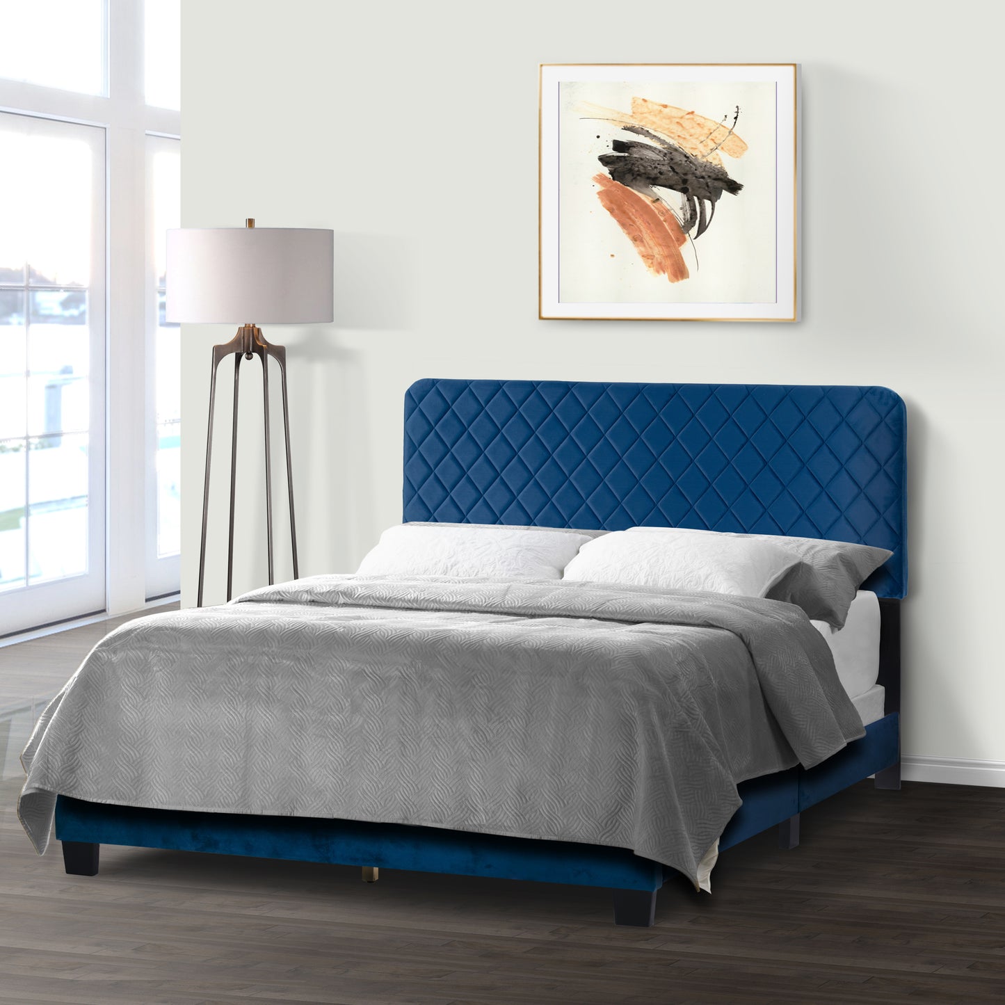 Aurum Navy Blue Velvety Fabric Queen Bed with Decorative Stitching