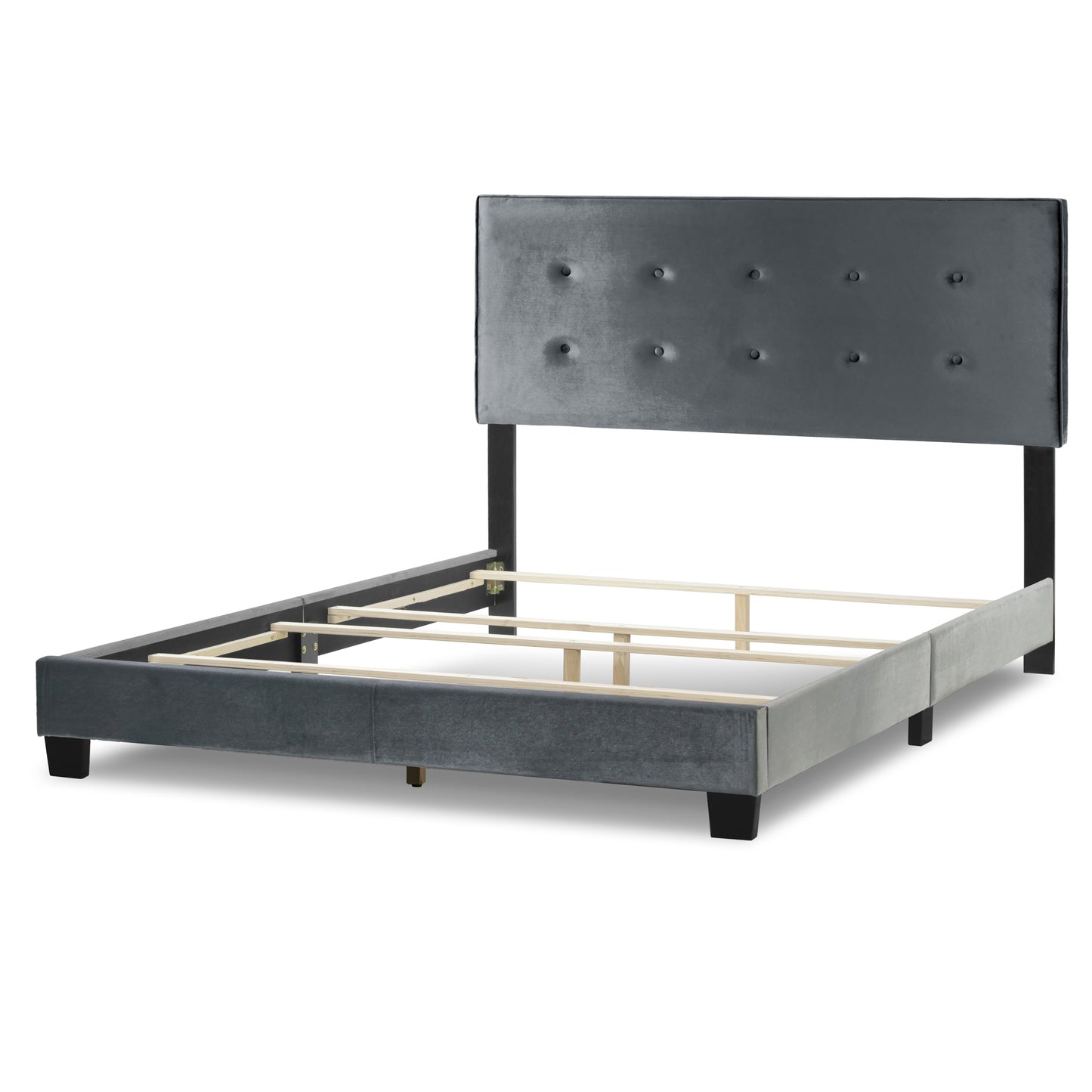 Auryon Silver Gray Velvety Fabric Queen Bed with Button Tufting